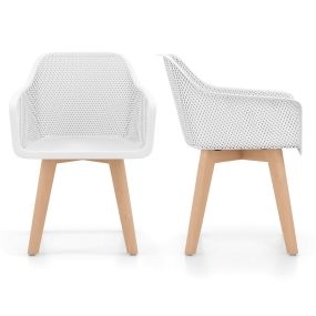 Juego de 2 Sillas Comedor Modernas Plástico con Patas Madera y Respaldo Hueco Transpirable para Comedor o Cafetería Blanco