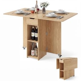 Mesa de Comedor Extensible con 2 Ruedas Mesa de Cocina Plegable con Estante Cajón de 2 Capas Alas Abatibles 120 x 72 x 75 cm Natural