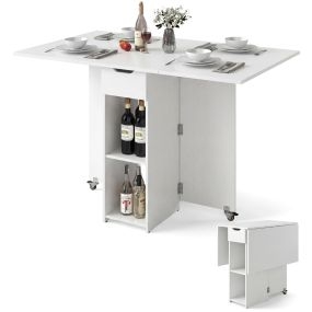 Mesa de Comedor Extensible con 2 Ruedas Mesa de Cocina Plegable con Estante Cajón de 2 Capas Alas Abatibles 120 x 72 x 75 cm Blanco