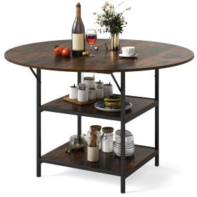 120 CM Mesa de Comedor Redonda para 4-6 Personas Mesita de Cocina Estilo Rústico con Estante Abierto de 2 Niveles Estructura Metálica Marrón