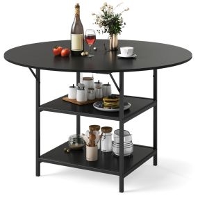 120 CM Mesa de Comedor Redonda para 4-6 Personas Mesita de Cocina Estilo Rústico con Estante Abierto de 2 Niveles Estructura Metálica Negro