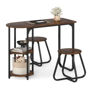Juego Mesa Comedor Industrial 3 Piezas Mesa Madera Metal 2 Taburetes Estantes Almacenamiento Compacto Espacios Pequeños Marrón Rústico