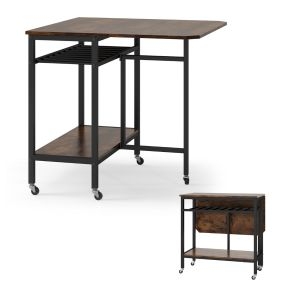 Mesa Plegable Comedor Extensible con Ruedas Hoja Abatible Botellero Estante Almacenamiento para Espacios Reducidos Marrón Rústico