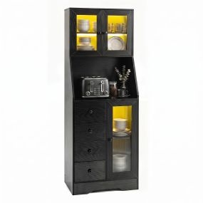Armario alto de comedor negro con luces LED RGB, cajones amplios, puertas de cristal y 60 x 40 x 163 cm