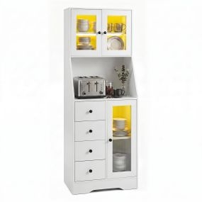 Armario alto de comedor blanco con luces LED multicolor, cajones y puertas de cristal 60 x 40 x 163 cm