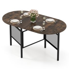 Mesa Comedor Plegable Ovalada Alas Abatibles 6-8 Personas 150cm con Patas Metálicas Estilo Industrial Marrón Rústico+Negro