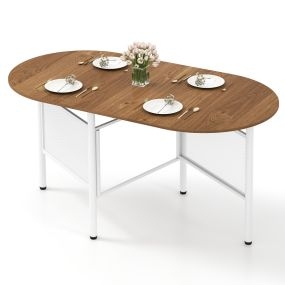 Mesa Comedor Plegable Ovalada Alas Abatibles 6-8 Personas 150cm con Patas Metálicas Estilo Rústico Natural+Blanco