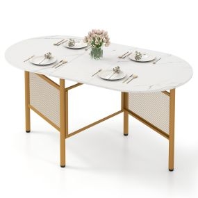 Mesa Comedor Plegable Ovalada Alas Abatibles 6-8 Personas 150cm con Patas Metálicas Estilo Moderno Mármol Blanco+Dorado