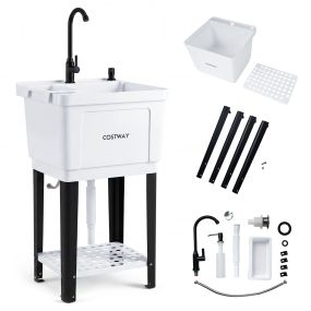 Fregadero Independiente de Plástico con Patas Metálicas Grifo 360° Dispensador de Jabón y Estante para Cocina Lavandería Garaje Jardín