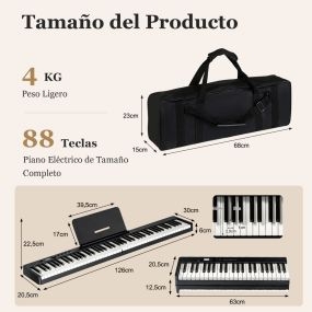 Teclado de Piano Eléctrico Plegable 88 Teclas Iluminadas Tamaño Completo Piano Digital Portátil MP3/USB/MIDI 126 x 30 x 22,5 cm Negro