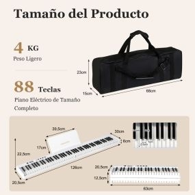 Teclado de Piano Eléctrico Plegable 88 Teclas Iluminadas Tamaño Completo Piano Digital Portátil MP3/USB/MIDI 126 x 30 x 22,5 cm Blanco