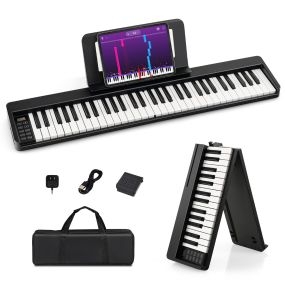 Teclado de Piano Plegable de 61 Teclas Piano Eléctrico Portátil con Atril Pedal de Sustain MIDI 90 x 13 x 5,5 cm Negro