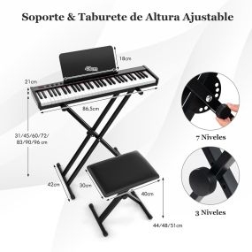 Teclado Electrónico Portátil de 61 Teclas Semi-Pesadas con Soporte Set de Piano Digital Función de Audio MIDI Atril Pedal de Sustain