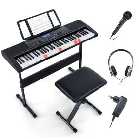 Teclado Electrónico Portátil de 61 Teclas Iluminadas con Atril y Banco Juego de Piano Digital con 600 Timbres 400 Ritmos 50 Canciones Demo