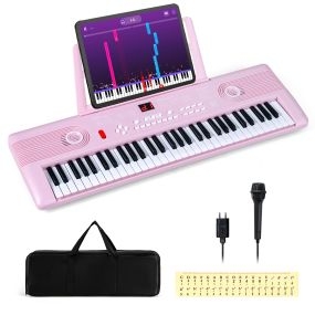 Teclado Piano de 61 Teclas Portátil con Soporte para Música Micrófono Pegatinas de Notas y Bolsa 58 x 18 x 5 cm Rosa