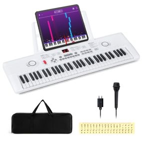 Teclado Piano de 61 Teclas Portátil con Soporte para Música Micrófono Pegatinas de Notas y Bolsa 58 x 18 x 5 cm Blanco