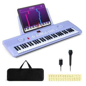Teclado Piano de 61 Teclas Portátil con Soporte para Música Micrófono Pegatinas de Notas y Bolsa 58 x 18 x 5 cm Púrpura