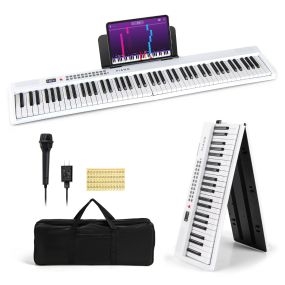 Teclado Piano Eléctrico Plegable de 88 Teclas Portátil Semipesado de Tamaño Completo con MIDI 128 x 23 x 6 cm-Blanco