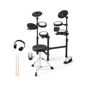 Batería Eléctrica de Batería Plegable con Pads de Malla Platillos 150 Sonidos & 10 Demos Metrónomo & USB MIDI 2 Pedales & 2 Baquetas Negro