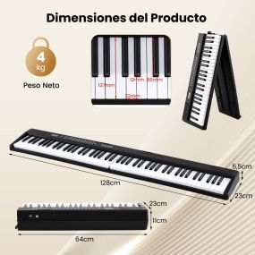 Piano Plegable 88 Teclas con 1000 Sonidos 1000 Ritmos y 150 Canciones de Demostración Doble Teclado con Funda 128 x 23 x 5,5 cm Negro