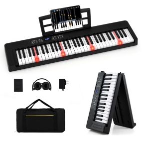Teclado Plegable 61 Teclas Piano Electrónico con Auriculares y Pedal Portátil con Bolsa para Principiantes Negro
