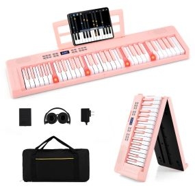 Teclado Plegable 61 Teclas Piano Electrónico con Auriculares y Pedal Portátil con Bolsa para Principiantes Rosa