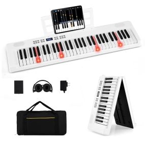 Teclado Plegable 61 Teclas Piano Electrónico con Auriculares y Pedal Portátil con Bolsa para Principiantes Blanco