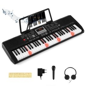 Teclado Portátil 61 Teclas Kit de Piano Eléctrico con 200 Ritmos y Tonos 70 Demos Micrófono y Auriculares para Todas las Edades Negro