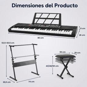Teclado Eléctrico 61 Teclas Juego Completo con Soporte Atril Taburete y Micrófono 200 Sonidos y Ritmos para Niños Principiantes Negro+Blanco
