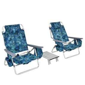 Juego de 2 Sillas Reclinables con Mesa de Camping Enrollable para Exteriores-Azul