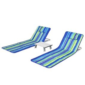 Set de 2 tumbonas plegables para playa con mesita, regulables, portátiles, raya azul