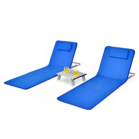 Set de 2 tumbonas plegables para playa con mesita, regulables y portátiles, azul
