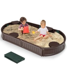Arenero Elíptico 183 cm para 4 Niños Kit Arenero de Exterior con Cobertura Impermeable Asientos para Patio Playa Marrón