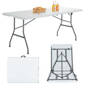 Mesa plegable de camping portátil con asa de transporte, acero, 180 x 73 x 73 cm, blanco