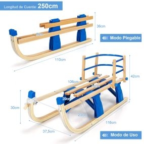Trineo Plegable para Niños con Cuerda de Tracción y Manija Portátil Dirección por Riel Metálico y Respaldo de Lamas Dobles Azul