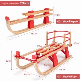 Trineo de Nieve Plegable Sin Montaje con Barandilla de Seguridad Cuerda de Tracción Resistente Seguro para Niños 116 x 37,5 x 42 cm Rojo