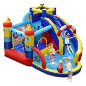 Castillo Inflable Parque Acuático Infantil 6 en 1 con Tobogán Área para Saltar Pared para Escalar Piscina Forma de Barco 360 x 290 x 200 cm