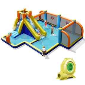 Tobogán Acuático Inflable con Compresor Castillo Hinchable Infantil con Tema Fútbol Piscina Pared para Escalar Doble Hidrante 465 x 500 x 200 cm