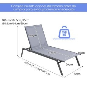 Silla tumbona ajustable de exterior reclinable de 6 posiciones con tejido de secado rápido para piscina