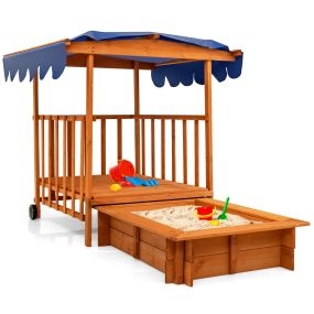 Arenero para niños con casa de juegos, toldo, ruedas traseras y barandillas de seguridad para patio y playa