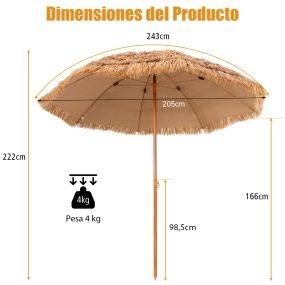 Sombrilla tiki de paja 205 cm hawaiana con 8 costillas de metal para playa patio piscina natural