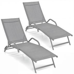 Set de 2 tumbonas de exterior reclinables ajustables en 5 posiciones, asiento transpirable, gris