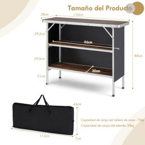 Mesa de Camping Plegable con Estantes Abiertos de 2 Niveles Bolsa de Transporte Mesa de Aluminio para Barbacoa 110 x 38 x 88 cm Café