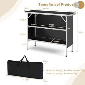 Mesa de camping plegable de aluminio con estantes abiertos, bolsa de transporte, 110 x 38 x 88 cm, negro