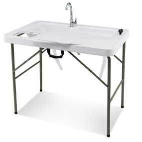 Mesa camping plegable estación de limpieza de pescado con 2 fregaderos y grifo giratorio blanca