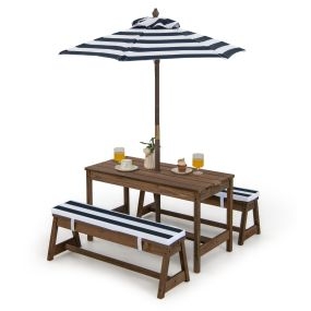 Mesa de Picnic para Niños con Sombrilla Juego de Mesa y Banco de Madera con Cojines Muebles Portátiles para Jardín Patio Trasero Azul