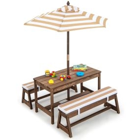 Mesa de Picnic Infantil con Sombrilla Juego de Mesa y Banco de Madera con Cojines para Exterior Jardín y Patio Marrón