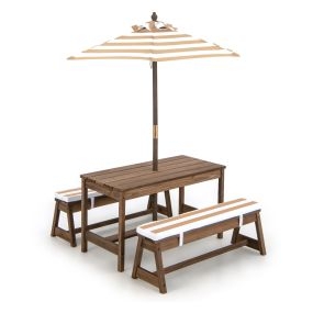 Mesa de Picnic para Niños con Sombrilla Juego de Mesa y Banco de Madera con Cojines Muebles Portátiles para Jardín Patio Trasero Marrón