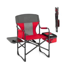 Silla de camping plegable para exteriores con bolsillo lateral, bolsa térmica, reposacabezas y apoyabrazos acolchados, rojo y gris