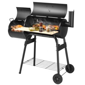 Parrilla de carbón BBQ con ahumador lateral, estante, asas de madera y dos ruedas, negro, 115 x 65 x 108 cm